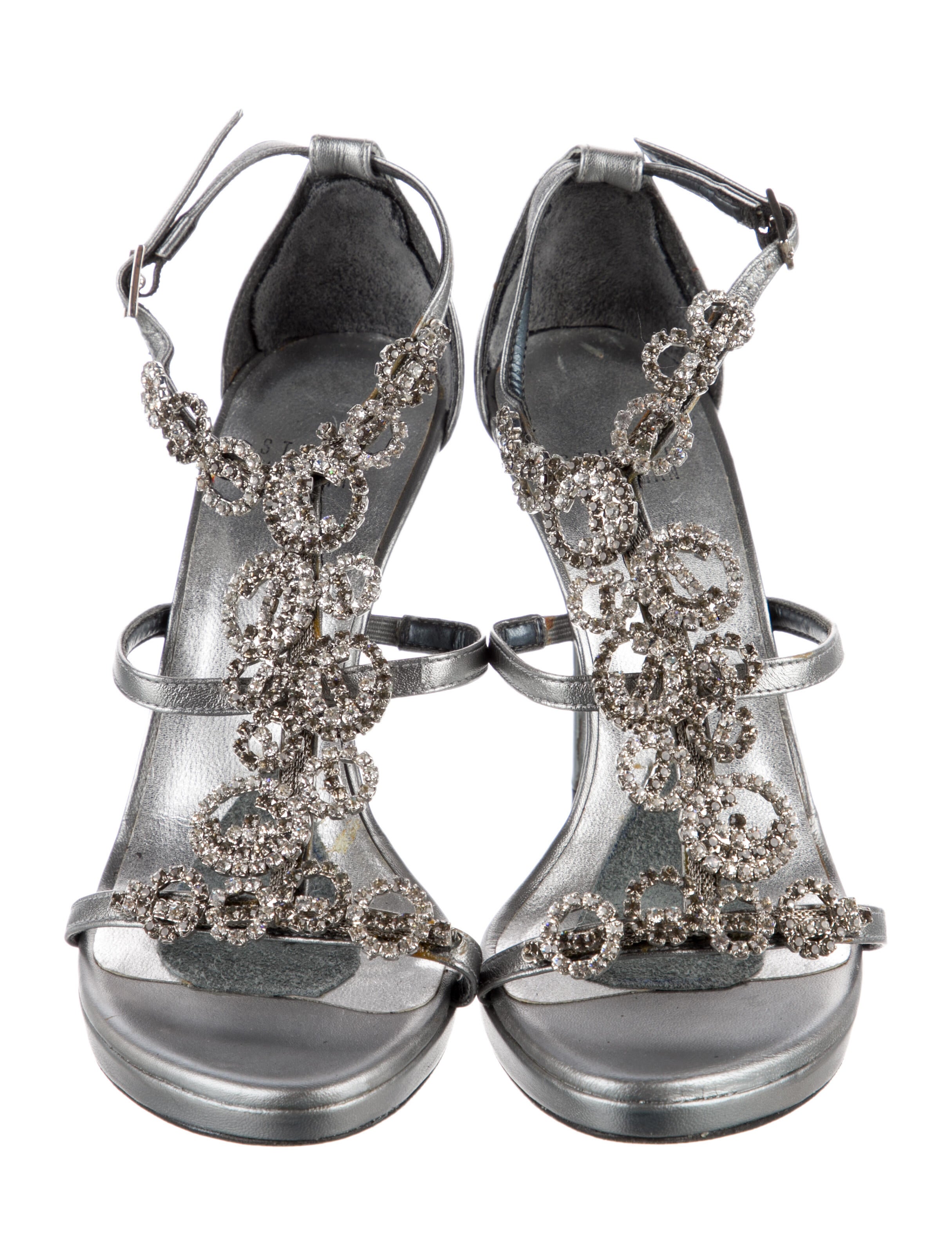 Stuart Weitzman Leather Crystal Embellishments T-Strap Sandals